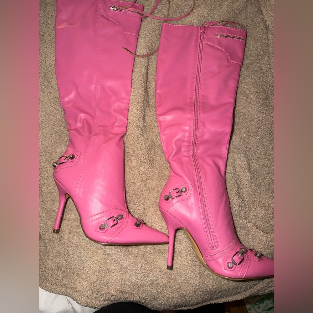 Pink Knee-High Stiletto Boots